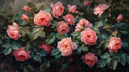 A vibrant floral scene featuring several blooming pink roses with lush, green foliage. Each rose is detailed with delicate petals and dewdrops, creating a fresh and lively ambiance.