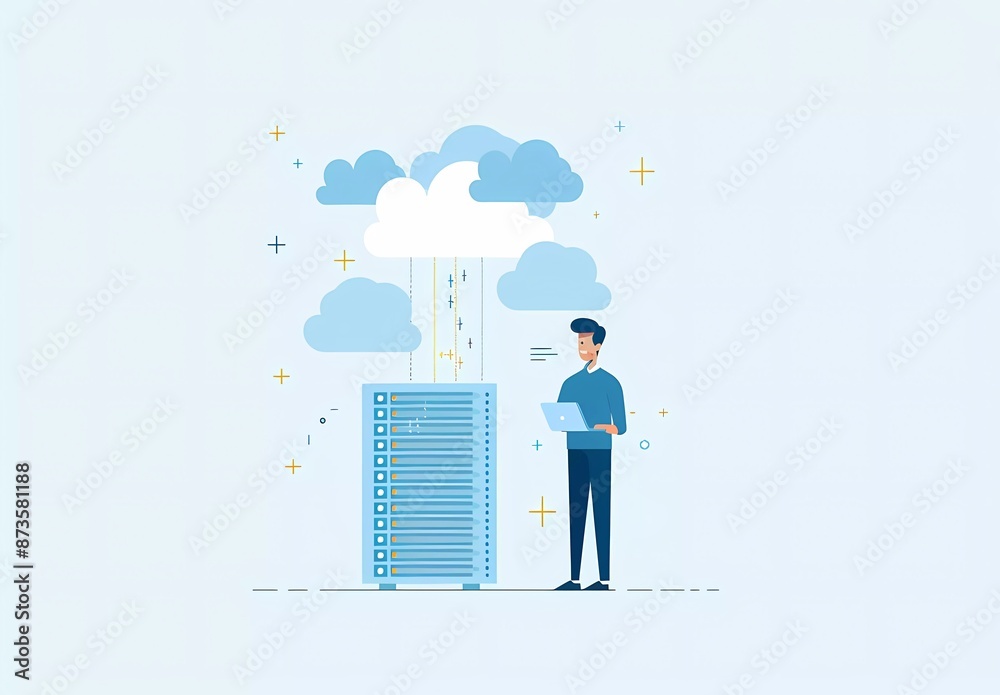 Poster flat vector illustration of an it system or cloud server. a software engineer working on a laptop in