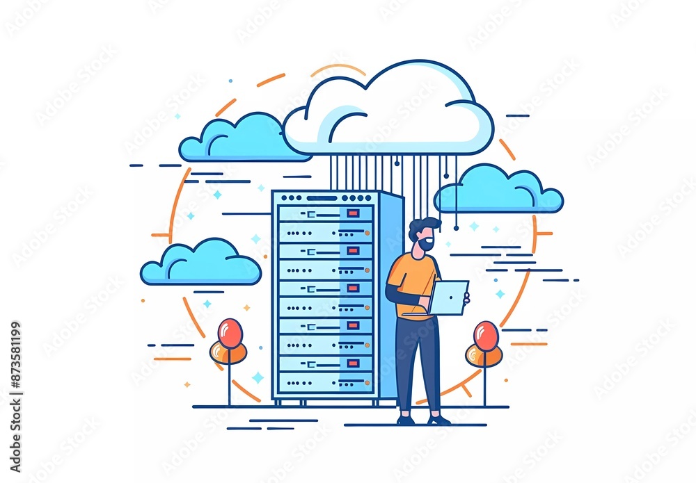 Poster flat vector illustration of an it system or cloud server. a software engineer working on a laptop in