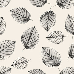 Large autumn blue green leaves pattern pen and ink sketch thick lines smooth hand drawn natural illustration. Simple organic plants design Botanical vintage graphic art wallpaper cream background. 