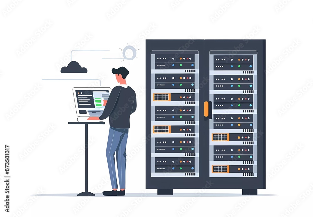 Poster flat vector illustration of an it system or cloud server. a software engineer working on a laptop in