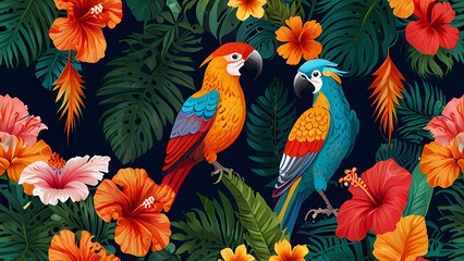 Fototapeta premium vibrant summer pattern illustration featuring tropical elements such as palm leaves, hibiscus flowers, pineapples, and exotic birds