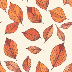 Obraz premium Seamless pattern retro plant leaves autumn colors sketch thick lines veins smooth hand drawn natural illustration Simple organic plant design Botanical vintage graphic art wallpaper, nature background