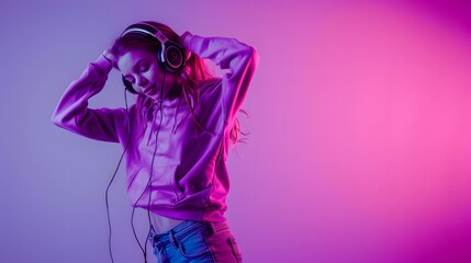 Stylish fashion teenager model wearing hoodie and headphones listening dj music dancing in purple neon lights. Young teen girl enjoy cool music 90s party mix in violet studio background. Copy space. 