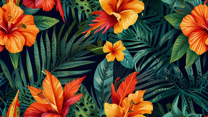 Naklejka premium vibrant summer pattern illustration featuring tropical elements such as palm leaves, hibiscus flowers, pineapples, and exotic birds