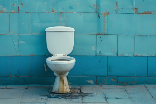 Vintage, dirty toilet stands in a decrepit room with peeling blue tiles