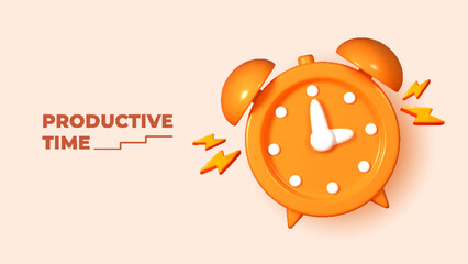 3D rendered vector illustration ringing alarm clock, isolated on a orange background. Volumetric 3D icon of an alarm clock, symbolizing reminders and deadlines.