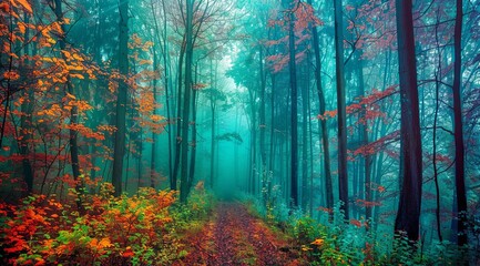 Obraz premium Mystical Forest with Tall Trees, Misty Atmosphere, and Fallen Leaves, Showcasing Dense Foliage in Autumnal Colors of Blue, Teal, Green, Orange, and Yellow, with a Path Leading to Darkness