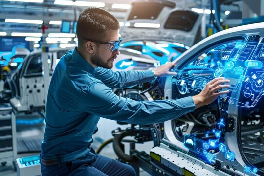 Automotive engineer using advanced tech at futuristic assembly line in high quality image