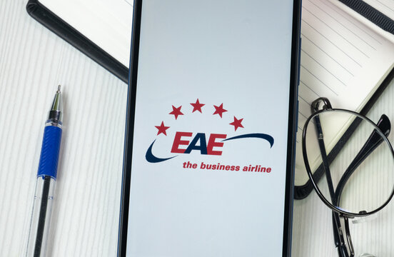 New York, USA - 30 June 2024: European Air Express Logo on Phone Screen, EAE Company Icon