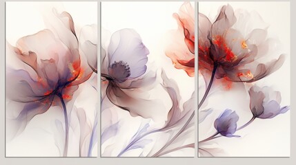 3 Panel Wall Art of Red Purple Abstract Floral Design on White Background