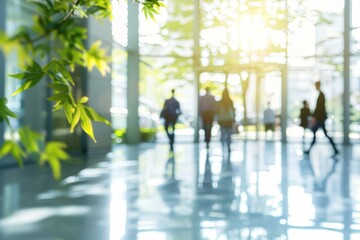 Modern office with blurred people, green trees, sunlight   eco friendly business concept