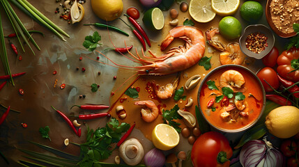 Naklejka premium Capture the essence of Thai soup in a captivating advertisement with a focus on professional photography and immense creativity. Envision a scene where shrimp, lemon, grass mushrooms, lemongrass, and
