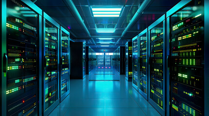 Fototapeta premium High-resolution image of a modern server room interior in a datacenter illuminated server racks with bright blue and green lights high-tech and efficient design focus on data storage
