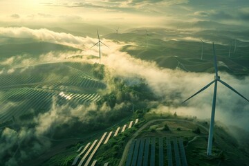 Wind turbines and solar panels providing renewable energy in a green valley
