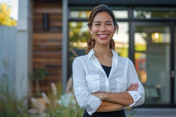 Confident american real estate agent at modern home, ready to assist potential buyers