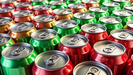 Vibrant array of colorfully designed beverage cans arranged on pristine white background, accented by bold green and red pull tabs, dramatic shadows.