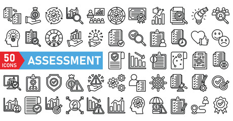 assessment icon lineal collection. risk, survey, tax, measurement, measure, price, rating, evaluation, opinion, account, cost, estimate, appraisal