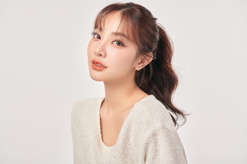 Fototapeta premium Beautiful young asian woman with clean fresh skin on white background, Face care, Facial treatment, Cosmetology, beauty and spa, Asian women portrait.