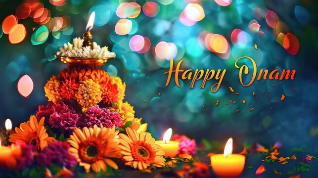 Joyous tradition: happy onam festival, celebrating vibrant cultural heritage of kerala, traditional dances, elaborate feasts, floral decorations, spirit of unity, prosperity.