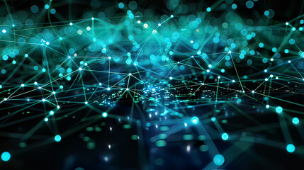Obraz premium Hyper-realistic image of business online communication with interconnected nodes and lines glowing blue and green huesemphasis on digital connectivity and modern social 