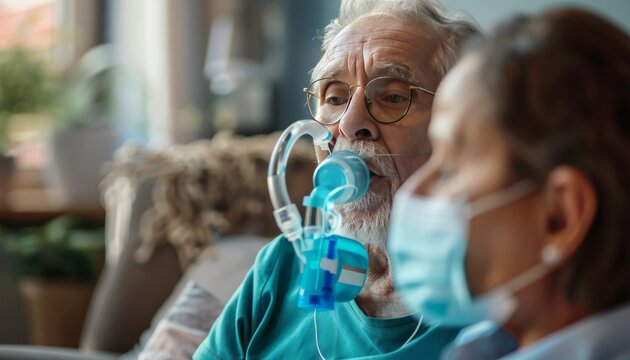 Senior man using nebulizer with nurse assistance at home for respiratory treatment