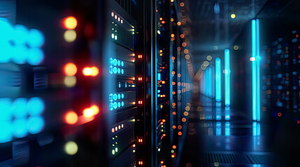 Photorealistic 3D depiction of a server in a datacenter rows of illuminated server racks with glowing blue lights emphasis on cloud computing advanced data storage and modern technology 