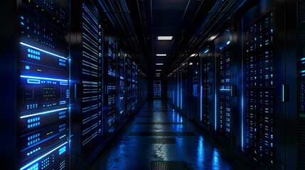 Fototapeta premium Photorealistic 3D depiction of a server in a datacenter rows of illuminated server racks with glowing blue lights emphasis on cloud computing advanced data storage and modern technology 