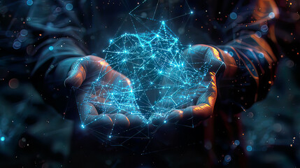 Photorealistic 3D representation of a businessman holding interconnected modern devices glowing blue lines forming a networkemphasis on advanced technology 