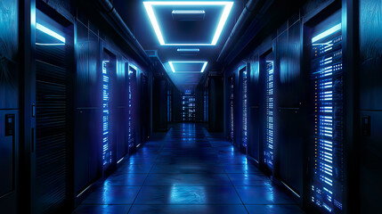 Photorealistic 3D representation of a server room with node-based programming data elements glowing blue lighting sleek and organized environment emphasis on advanced technology and data connectivity 