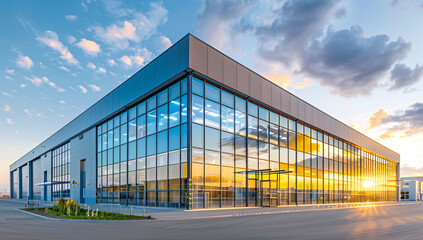 Obraz premium Modern warehouse with sunset reflection, inviting ambiance, contemporary architecture
