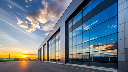Obraz premium Modern warehouse at sunset with sleek contemporary architecture