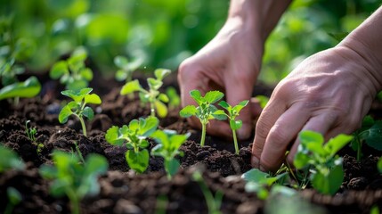 Hands planting seedlings in the ground The careful and nurturing gesture of the hand as the sapling is placed on the earth. It symbolizes growth, sustainability and connection to nature.