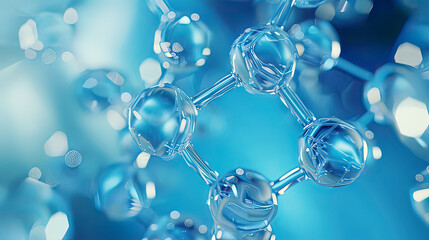 Photorealistic depiction of a molecular structure close-up view with detailed atoms and bonds bright blue background focus on scientific accuracy and intricate design 