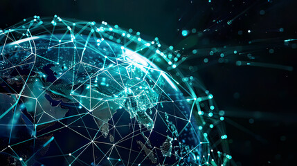 Photorealistic representation of a globe surrounded by glowing digital lines and nodes vibrant blue and green colorsemphasis on global internet connectivity