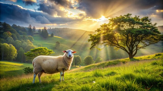 Serene, sun-drenched pasture landscape with lone sheep standing amidst lush greenery, symbolizing Jesus' search for the lost flock.