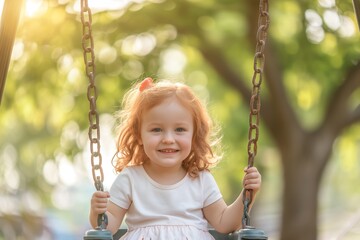 Girl swinging in the park, smiling happily.
