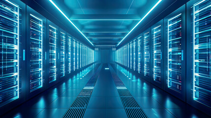 Obraz premium Photorealistic representation of server racks in a data center glowing blue lighting sleek and organized environment emphasis on advanced technology and efficient data storage 