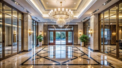 Luxurious modern entrance door with marble floors and elegant chandelier in upscale house hotel lobby real estate property.