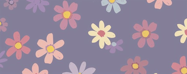 Floral Pattern with Pastel Flowers on a Purple Background