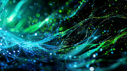Photorealistic  illustration of a big data concept with dynamic network lines and nodes bright blue and green colorsfocus on advanced technology and data analysis 
