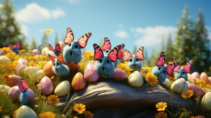Easter day background with egg ornaments, butterflies and blurred background