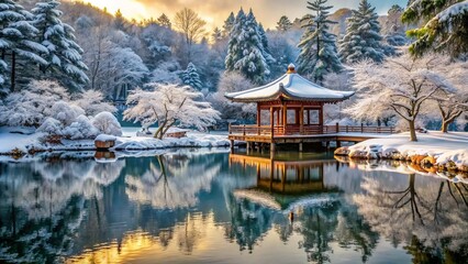 Fototapeta premium Tranquil winter scene featuring a traditional Chinese tea house surrounded by snow-covered trees, overlooking a serene lake landscape.