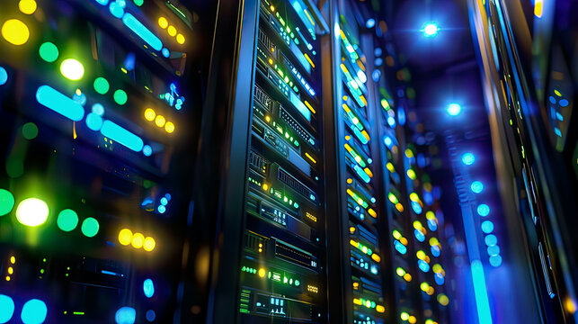 Ultra-detailed 3D rendering of a datacenter server illuminated with blue and green lights modern server racks emphasis on cloud computing data storage and cutting-edge technology 