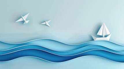 Paper boat sailing in the sea with birds flying in the air, illustration of travel and freedom concept
