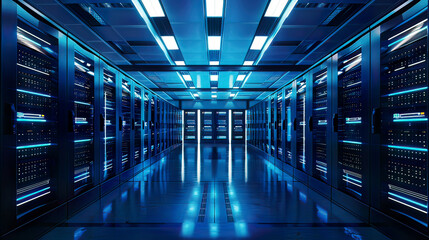 Fototapeta premium Ultra-detailed image of a server room interior with multiple rows of server racks glowing blue lights modern design emphasis on advanced data management 