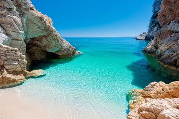 Fototapeta premium Stunning secluded beach with turquoise waters, white sandy shore, and rocky cliffs under a clear blue sky. Perfect for a tranquil escape.