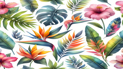 Colorful tropical watercolor spring floral leaves