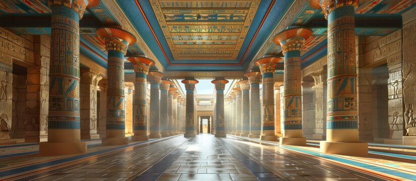 Ancient Egyptian Hallway with Elaborate Pillars