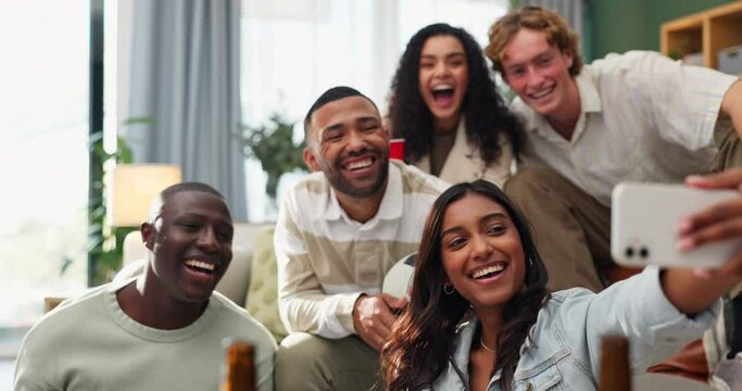 Friends, selfie and excited on sofa for football game, socializing or reunion in living room. Diverse people, students or home for soccer tournament, social media update or peace sign for photography